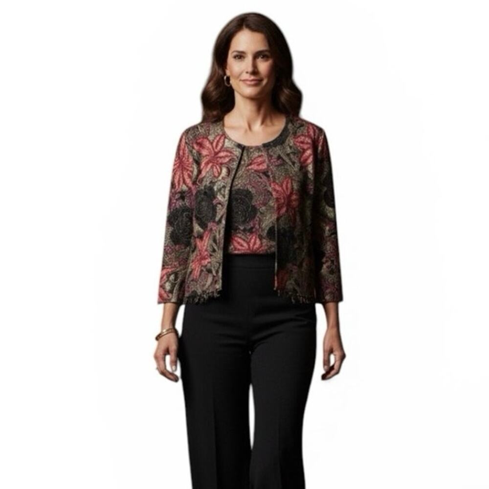 MSK Womens Evening 2-Pc Cardigan & Tank Set MEDIUM Beaded Hem Gold Black Sparkle